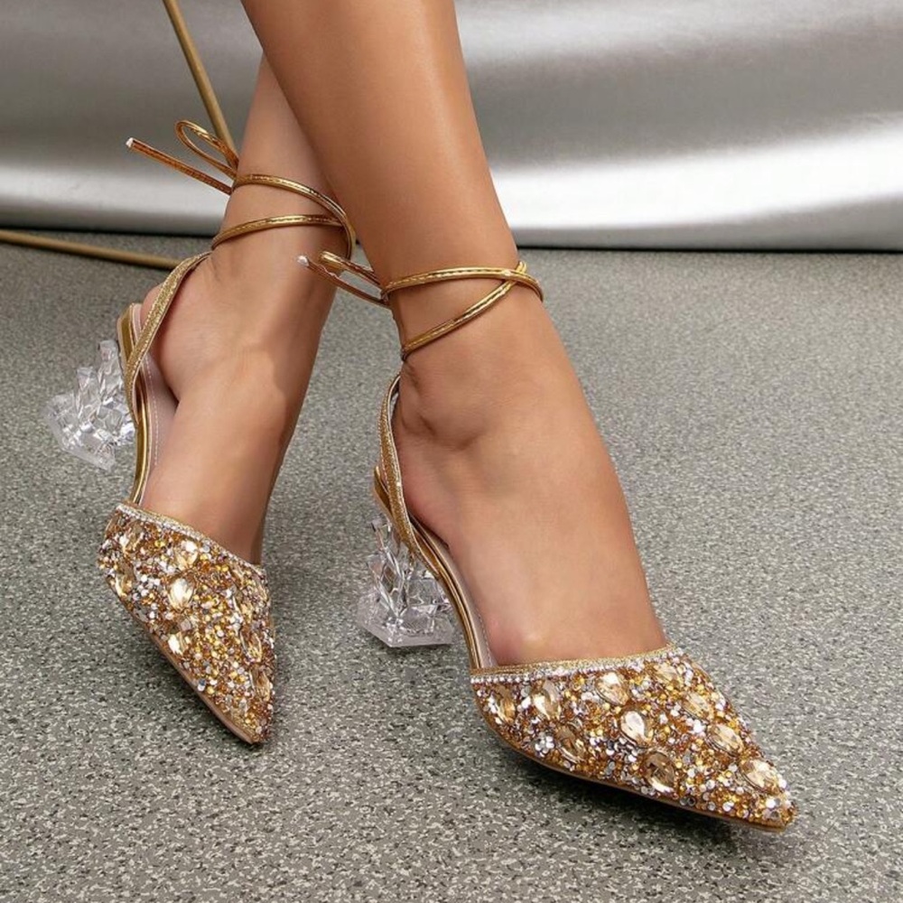 Elegant Gold Women's Heels with Crystal Accents